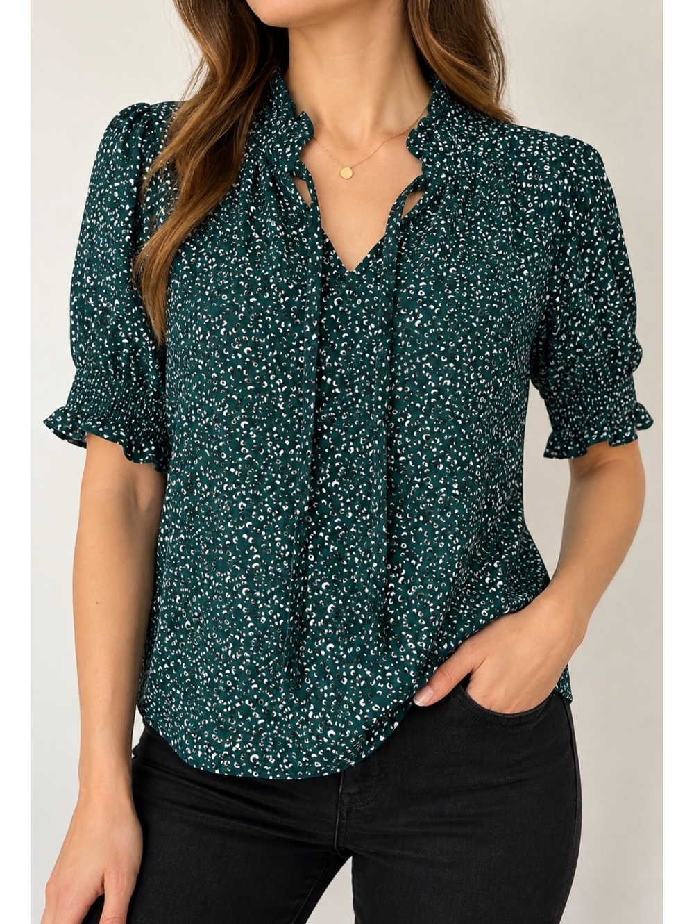 Adrianna Papell Green Printed Ruffle Tie Neck Blouse NWT Size S